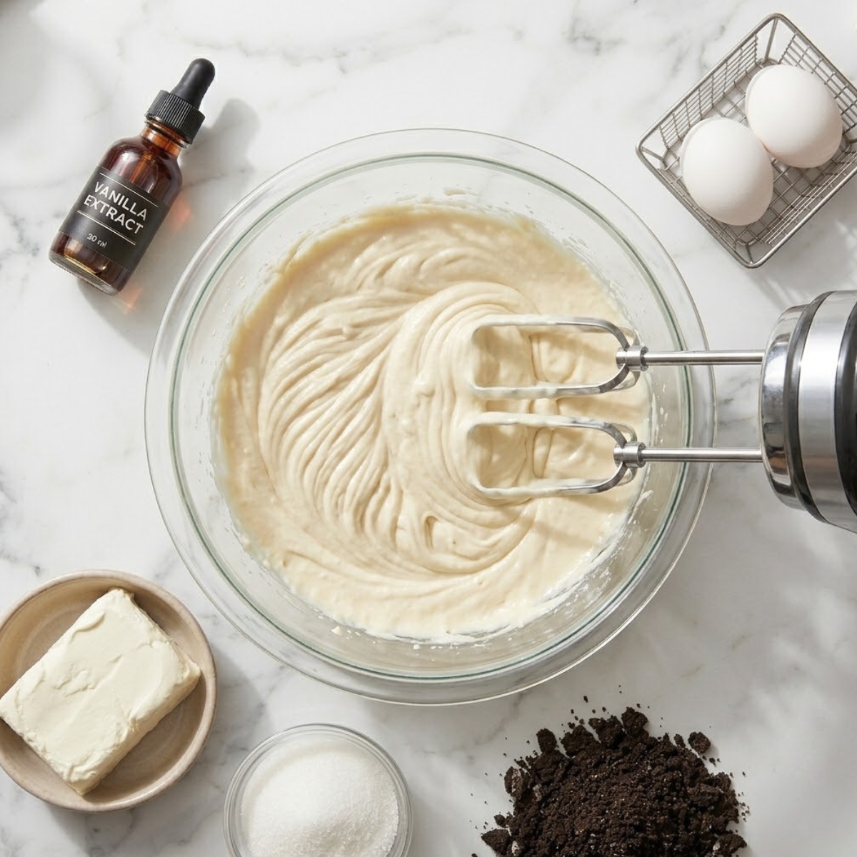 A macro photograph showing a hand mixer actively beating a block of softened cream cheese and granulated sugar into a completely smooth, glossy white paste in a large glass bowl. The batter is thick and clings to the beaters, set against a blurred deep pink background.