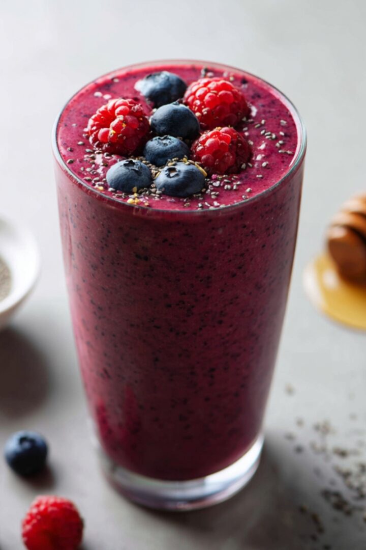 A tall clear glass filled with a deep crimson berry probiotic smoothie speckled with chia seeds throughout, topped with fresh blueberries, raspberries, and a sprinkle of chia seeds, surrounded by scattered fresh blueberries and raspberries on a light gray surface, with a small white bowl of chia seeds and a wooden honey dipper resting in a pool of golden honey alongside.