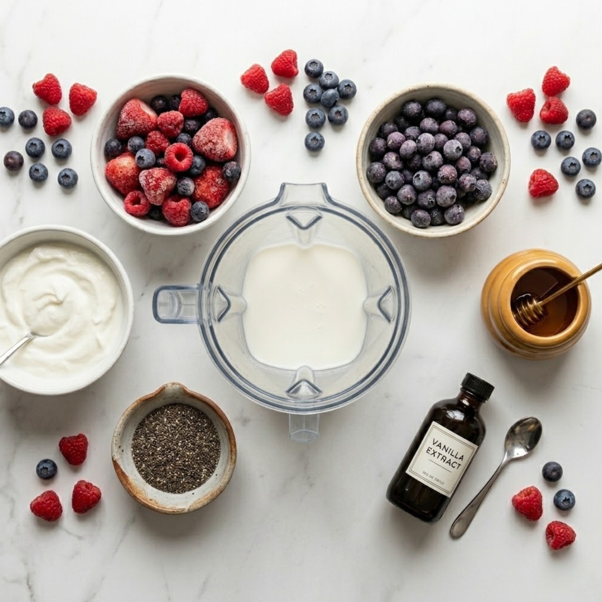 An overhead flat-lay photograph capturing all raw ingredients for the smoothie arranged neatly on the white counter. The components, referencing image_32.png, include frozen mixed berries, frozen blueberries, a white bowl of creamy Greek yogurt, oat milk, honey with a dipper, vanilla extract, and chia seeds.