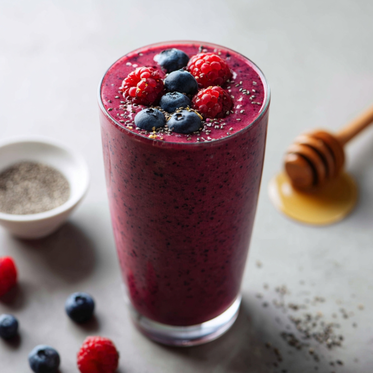 A tall clear glass filled with a deep crimson berry probiotic smoothie speckled with chia seeds throughout, topped with fresh blueberries, raspberries, and a sprinkle of chia seeds, surrounded by scattered fresh blueberries and raspberries on a light gray surface, with a small white bowl of chia seeds and a wooden honey dipper resting in a pool of golden honey alongside.