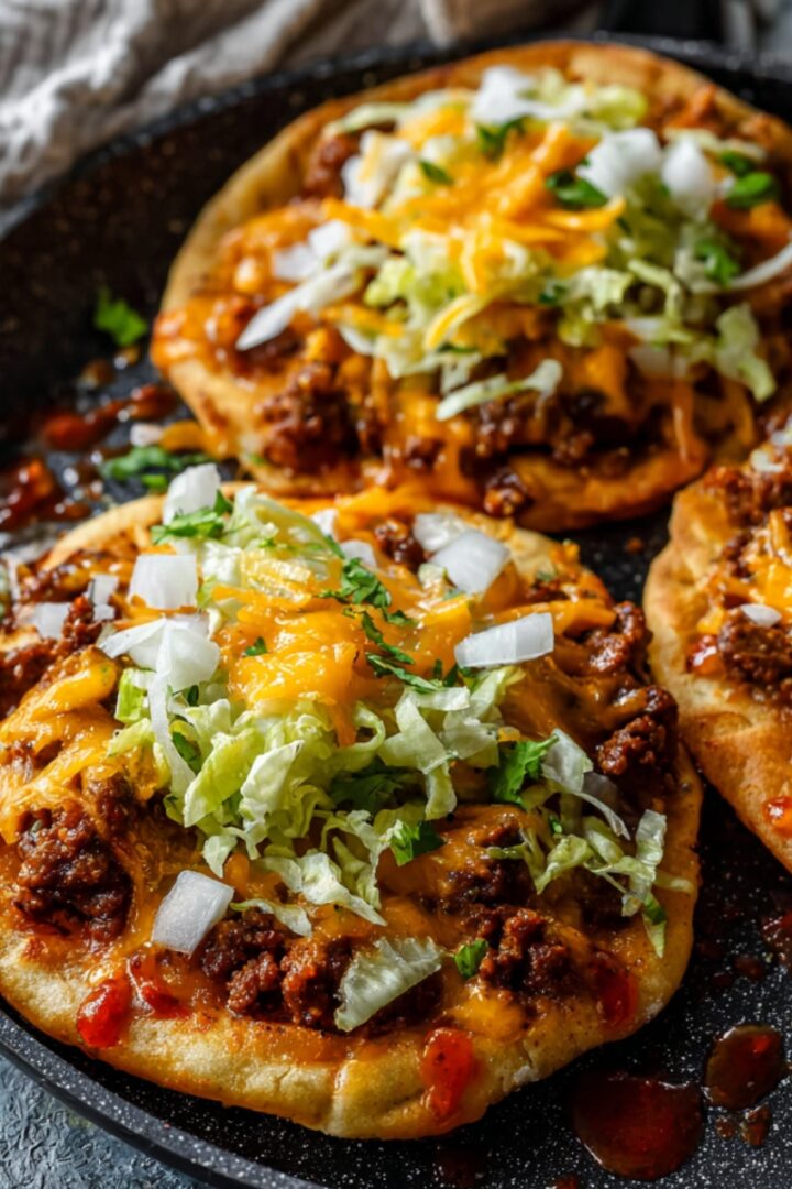 An aerial close-up shot of three open-faced "Big Mac Tacos" arranged in a large black skillet. The tacos feature thick, golden-brown fried flatbreads topped with seasoned ground beef, melted cheddar cheese, shredded lettuce, and diced white onions, with dollops of reddish-orange burger sauce scattered across the pan.