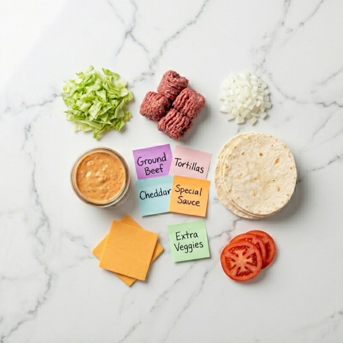 Flat lay of raw ground beef, flour tortillas, cheddar cheese slices, and special sauce with handwritten labels on a marble counter.