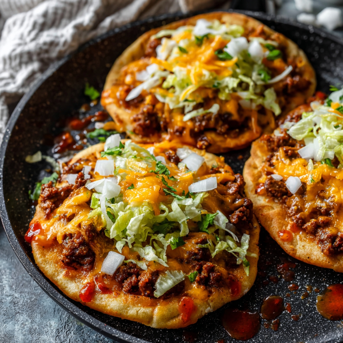 An aerial close-up shot of three open-faced "Big Mac Tacos" arranged in a large black skillet. The tacos feature thick, golden-brown fried flatbreads topped with seasoned ground beef, melted cheddar cheese, shredded lettuce, and diced white onions, with dollops of reddish-orange burger sauce scattered across the pan.