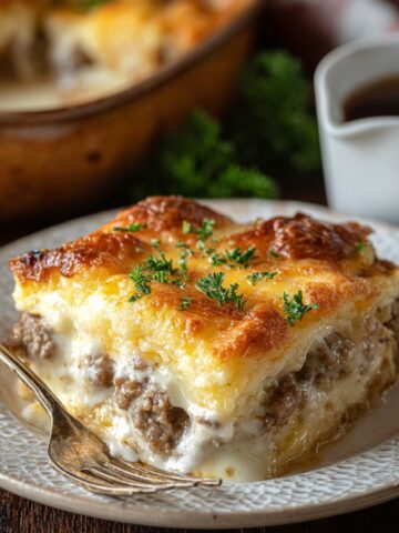 A golden-baked slice of biscuits and gravy breakfast casserole with layers of seasoned sausage, creamy white gravy, and melted cheese on a flaky biscuit base, garnished with fresh parsley, served on a white plate with a fork and coffee in the background.
