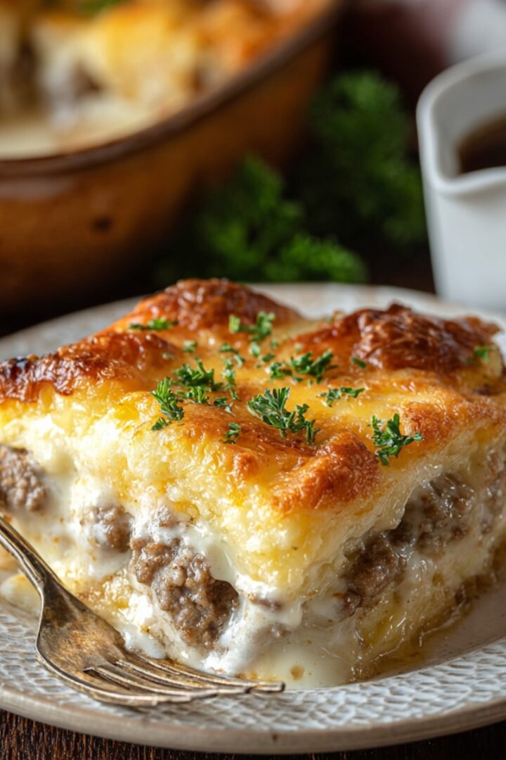 A golden-baked slice of biscuits and gravy breakfast casserole with layers of seasoned sausage, creamy white gravy, and melted cheese on a flaky biscuit base, garnished with fresh parsley, served on a white plate with a fork and coffee in the background.