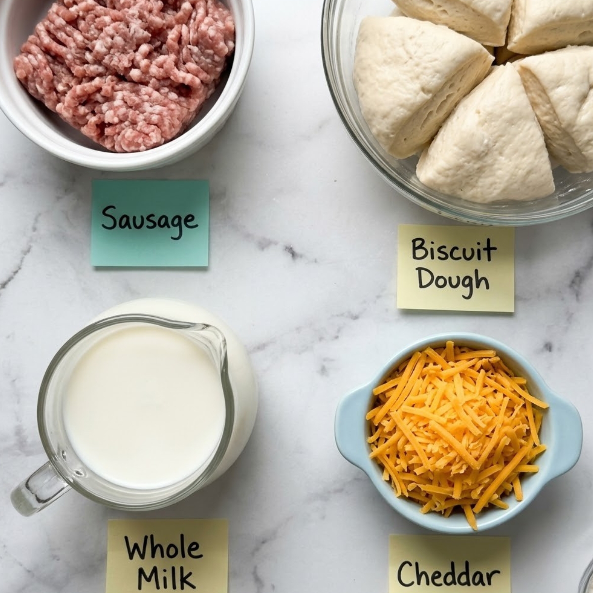 Flat lay of ground pork sausage, raw buttermilk biscuit pieces, whole milk, and shredded cheddar with handwritten labels on a marble counter.