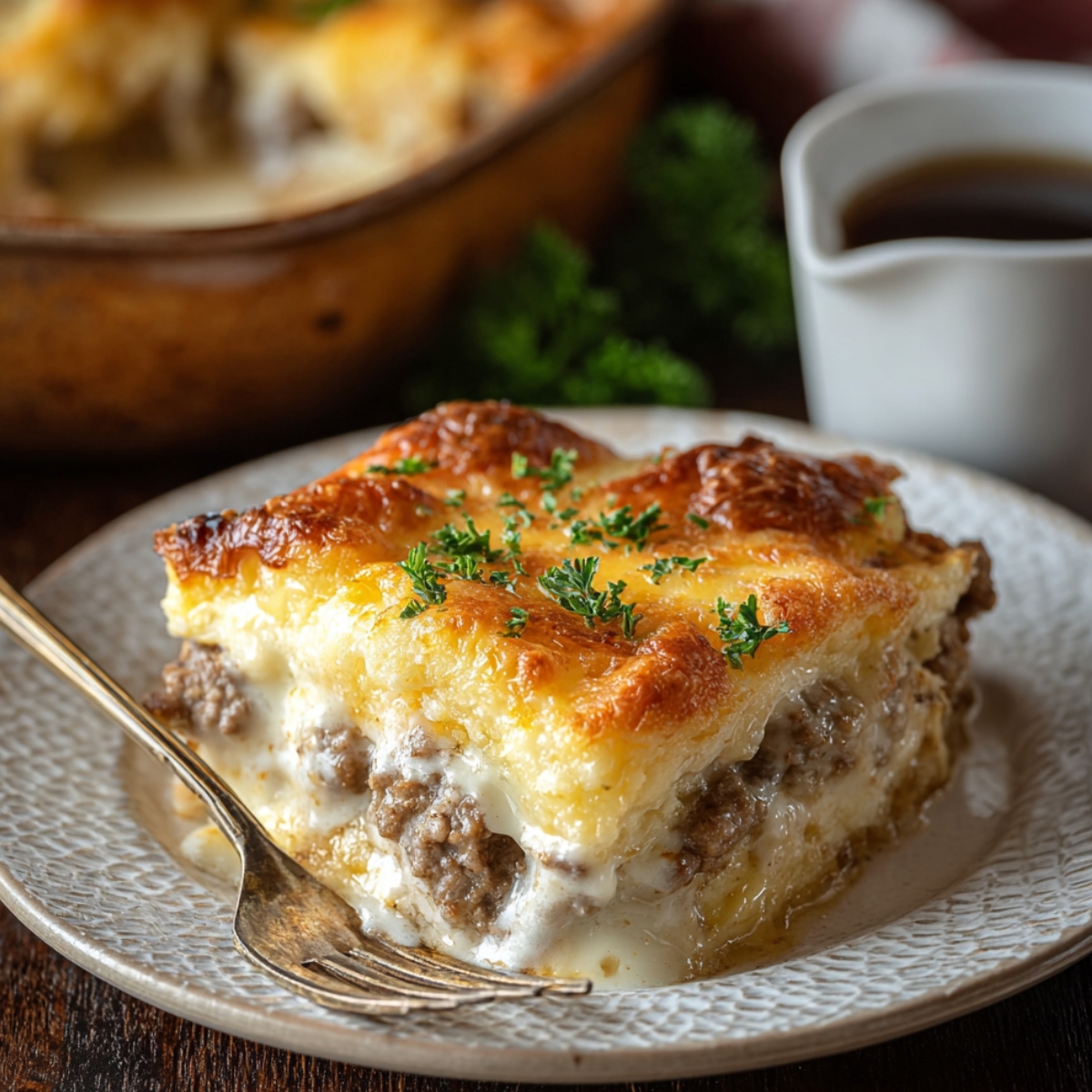 A golden-baked slice of biscuits and gravy breakfast casserole with layers of seasoned sausage, creamy white gravy, and melted cheese on a flaky biscuit base, garnished with fresh parsley, served on a white plate with a fork and coffee in the background.