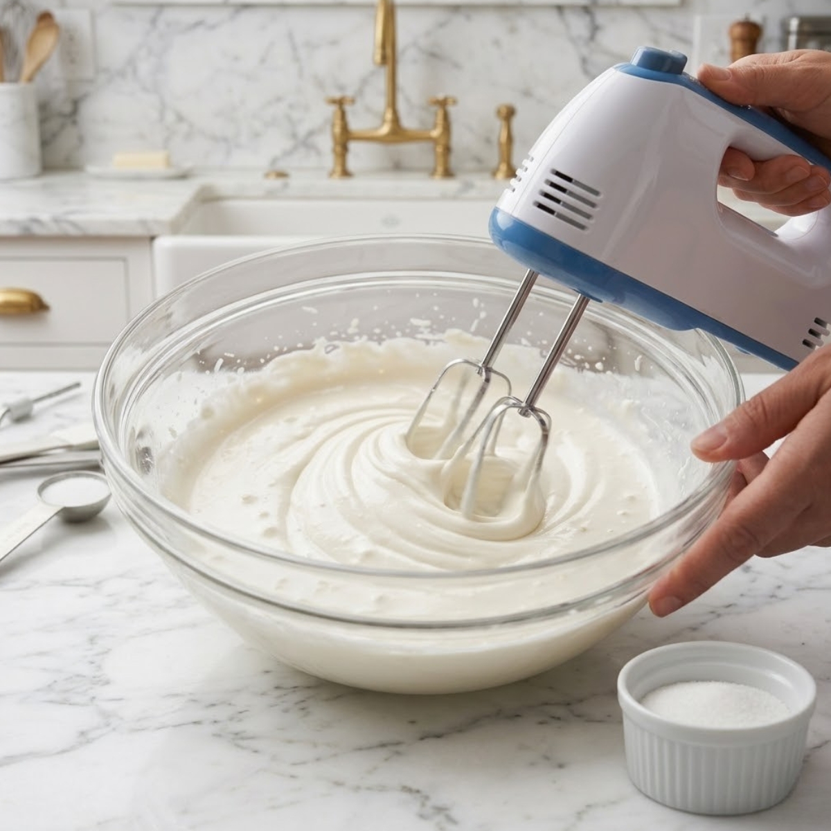A macro photograph looking into the jar of a high-powered blender, showing a hand mixer actively beating blocks of cottage cheese. The mixture is changing from curds to a thick, smooth, glossy white paste, adhering to the metal beaters, set against the grey counter.