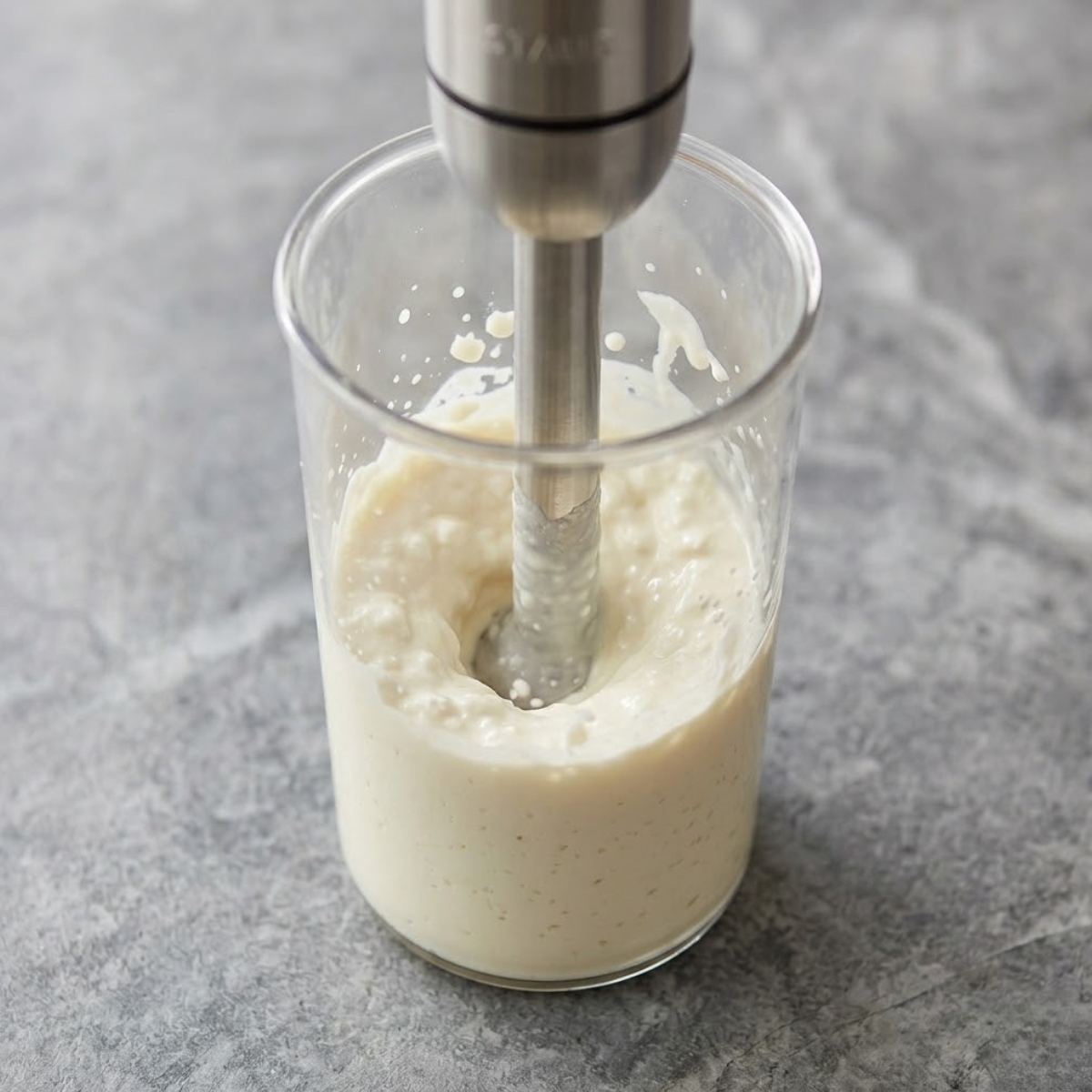 A close-up view capturing a hand using a small immersion blender inside a tall beaker to liquefy a tub of cottage cheese. The texture is smooth and uniform, transitioning from lumpy curds into a thick, pourable cream, illuminated by soft daylight from the kitchen counter.