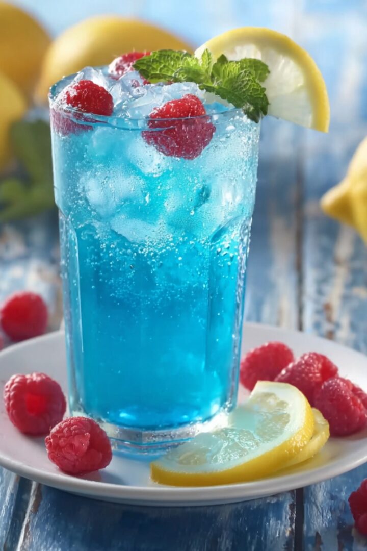 A tall clear glass filled with a vibrant electric blue raspberry lemonade packed with ice and fresh raspberries, garnished with a lemon wedge on the rim and a fresh mint sprig, served on a white plate surrounded by fresh raspberries and lemon slices, on a weathered light blue wooden surface with whole lemons and a halved lemon softly blurred in the sunny background.