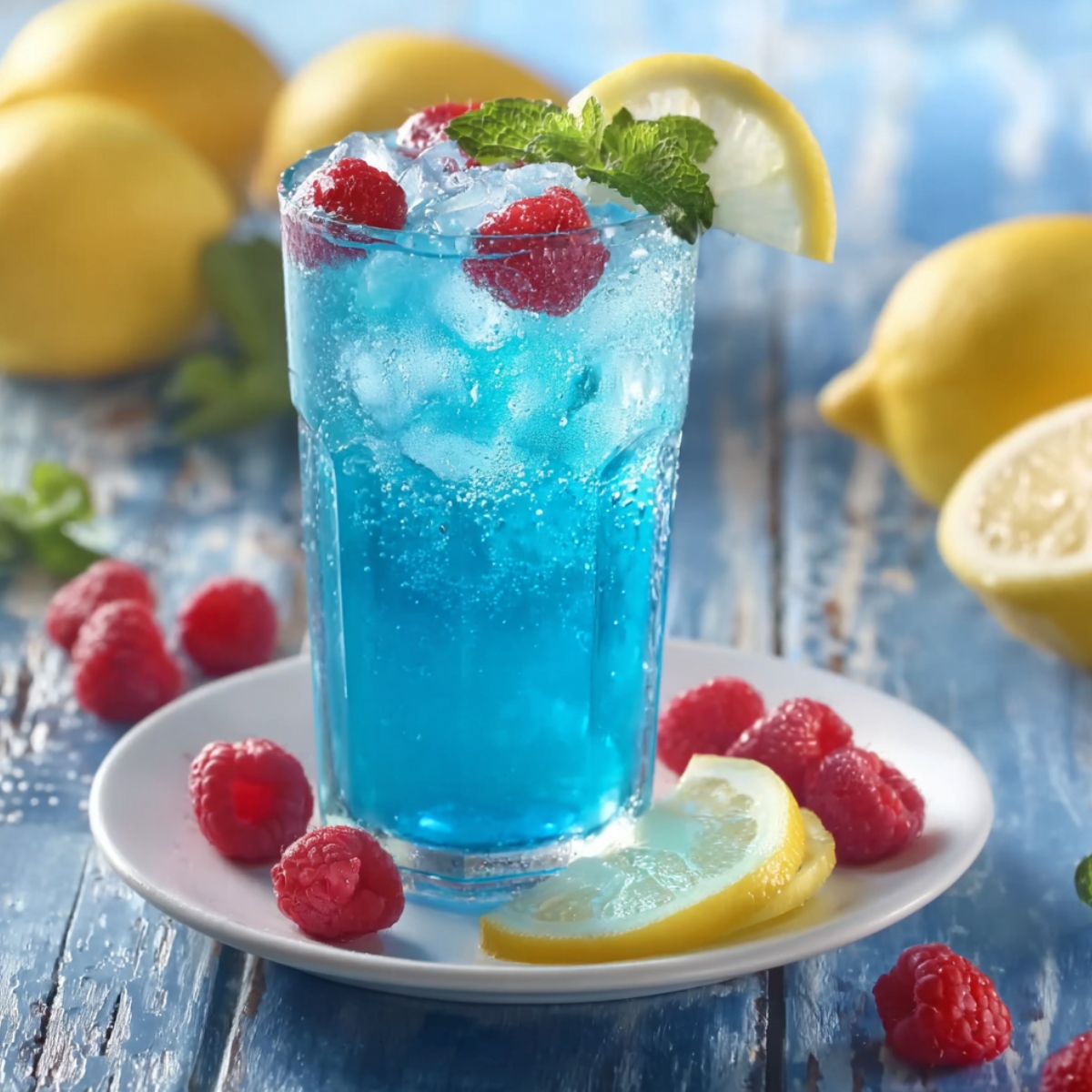 A tall clear glass filled with a vibrant electric blue raspberry lemonade packed with ice and fresh raspberries, garnished with a lemon wedge on the rim and a fresh mint sprig, served on a white plate surrounded by fresh raspberries and lemon slices, on a weathered light blue wooden surface with whole lemons and a halved lemon softly blurred in the sunny background.