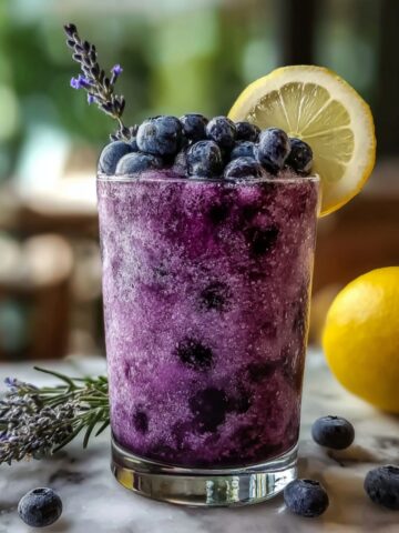 A vibrant purple Blueberry Lavender Lemonade Slushie topped with fresh blueberries, a lemon slice, and a lavender sprig, served on a marble surface with fresh lavender and lemons nearby.