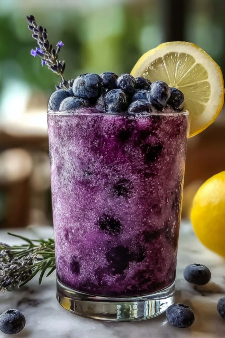 A vibrant purple Blueberry Lavender Lemonade Slushie topped with fresh blueberries, a lemon slice, and a lavender sprig, served on a marble surface with fresh lavender and lemons nearby.