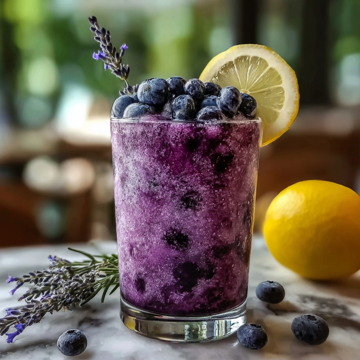 A vibrant purple Blueberry Lavender Lemonade Slushie topped with fresh blueberries, a lemon slice, and a lavender sprig, served on a marble surface with fresh lavender and lemons nearby.