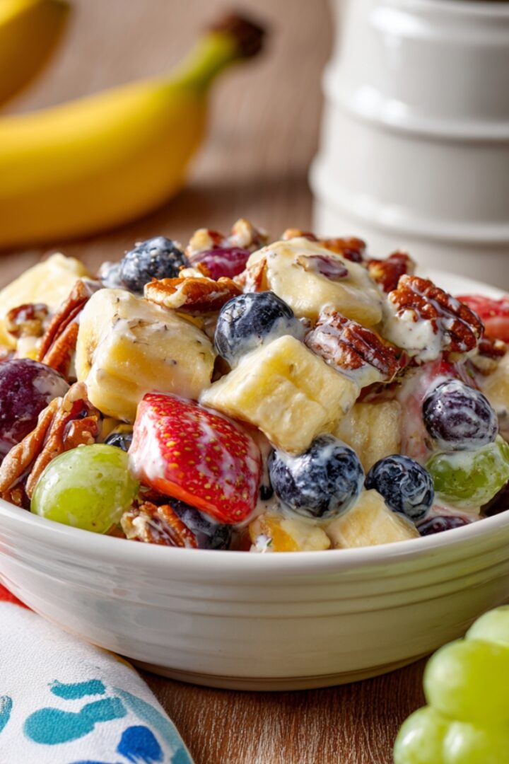 A creamy breakfast fruit salad in a white bowl featuring banana slices, blueberries, strawberries, green and red grapes, and pecans tossed in a yogurt dressing, with fresh bananas and grapes in the background.