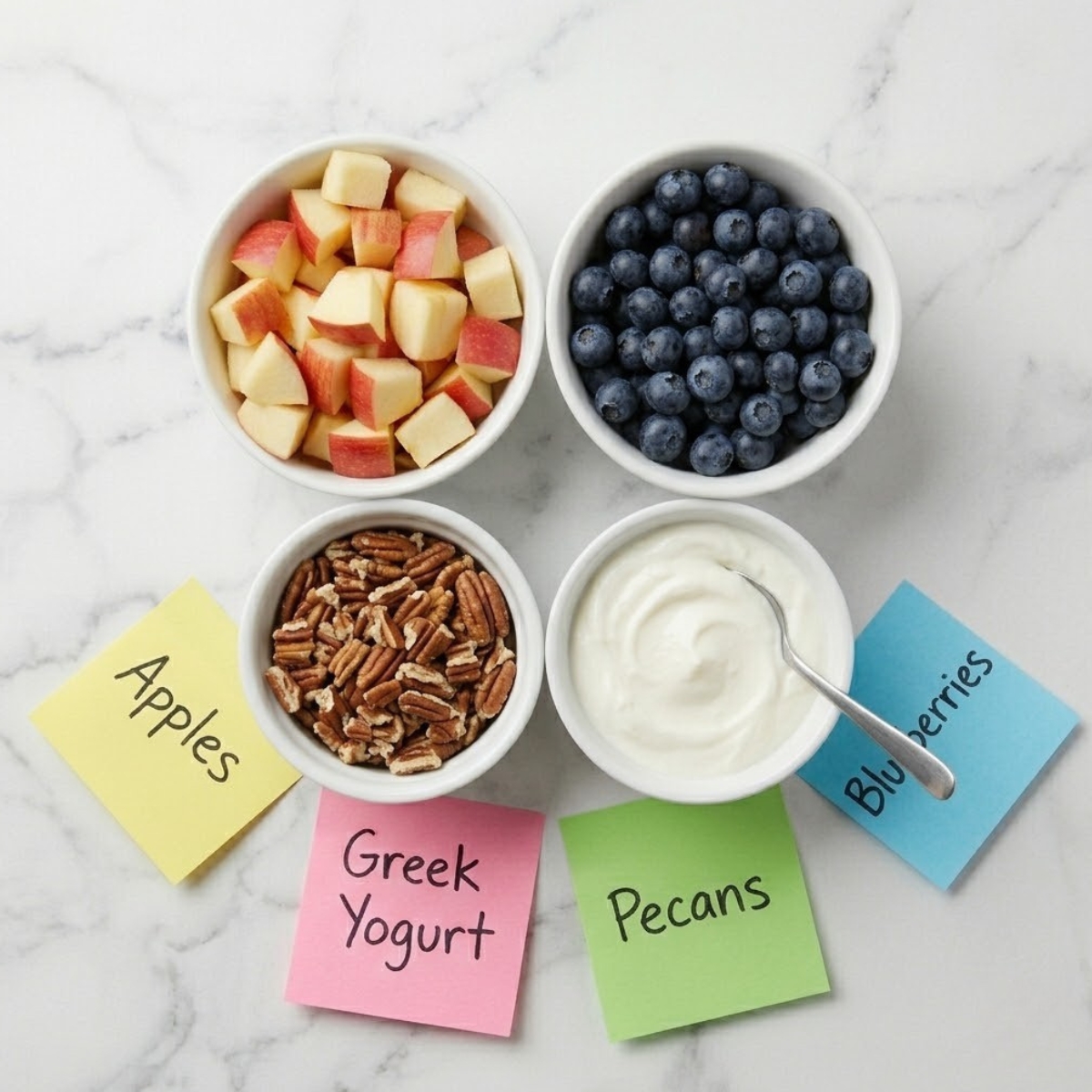Flat lay of cubed Honeycrisp apples, fresh blueberries, Greek yogurt, and chopped pecans with handwritten labels on a marble counter.