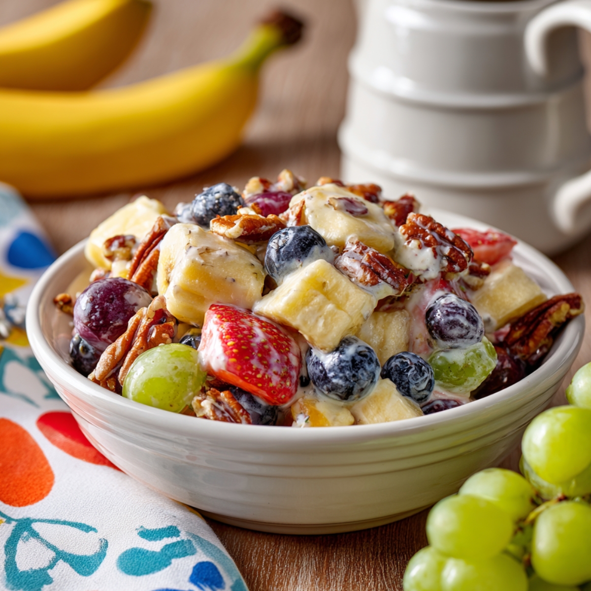 A creamy breakfast fruit salad in a white bowl featuring banana slices, blueberries, strawberries, green and red grapes, and pecans tossed in a yogurt dressing, with fresh bananas and grapes in the background.