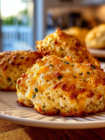 Three golden-baked breakfast protein biscuits with a rustic drop-biscuit texture, studded with melted cheddar cheese and flecked with fresh herbs, with caramelized cheese crust on top, served on a white ridged ceramic plate on a warm wooden surface, with additional biscuits on a tray softly blurred in a bright kitchen background.