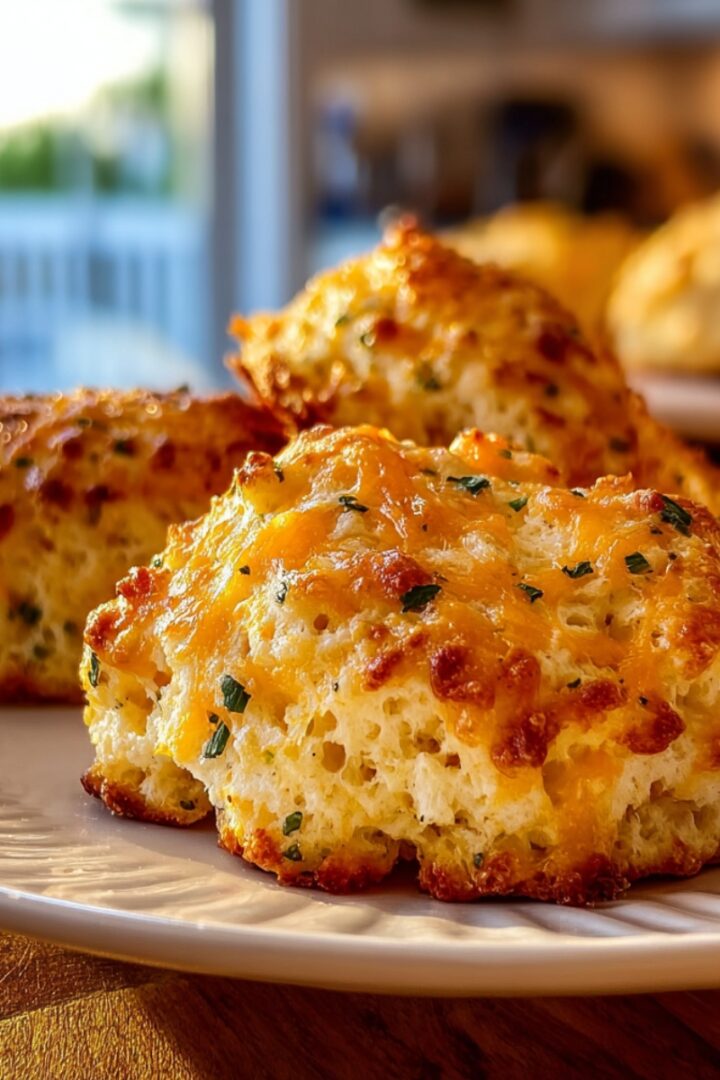 Three golden-baked breakfast protein biscuits with a rustic drop-biscuit texture, studded with melted cheddar cheese and flecked with fresh herbs, with caramelized cheese crust on top, served on a white ridged ceramic plate on a warm wooden surface, with additional biscuits on a tray softly blurred in a bright kitchen background.