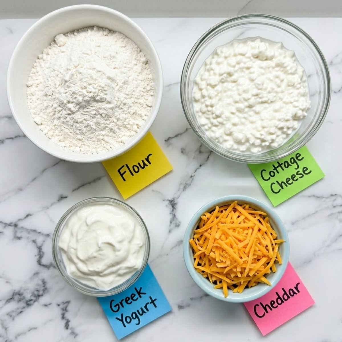 Flat lay of self-rising flour, cottage cheese, Greek yogurt, and shredded cheddar with handwritten labels on a marble counter.