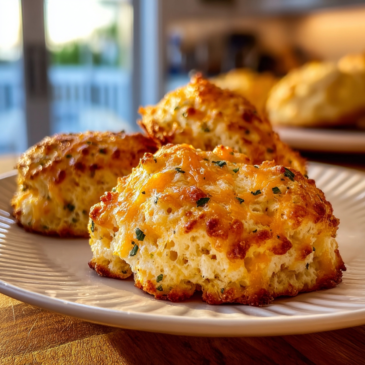 Three golden-baked breakfast protein biscuits with a rustic drop-biscuit texture, studded with melted cheddar cheese and flecked with fresh herbs, with caramelized cheese crust on top, served on a white ridged ceramic plate on a warm wooden surface, with additional biscuits on a tray softly blurred in a bright kitchen background.