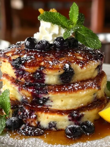 A stack of Brown Butter Blueberry Lemon Ricotta Pancakes loaded with fresh blueberries, drizzled with maple syrup, dusted with powdered sugar, and topped with whipped cream and fresh mint.