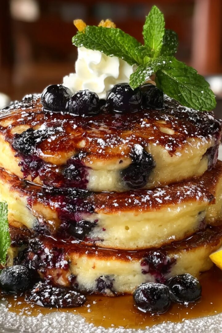 A stack of Brown Butter Blueberry Lemon Ricotta Pancakes loaded with fresh blueberries, drizzled with maple syrup, dusted with powdered sugar, and topped with whipped cream and fresh mint.