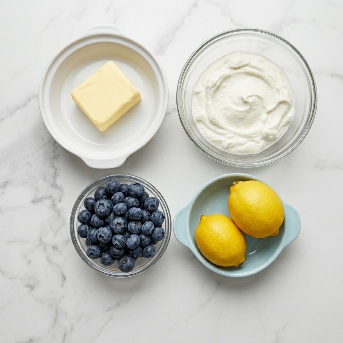 Flat lay of unsalted butter, whole milk ricotta, fresh blueberries, and lemons with handwritten labels on a marble counter.