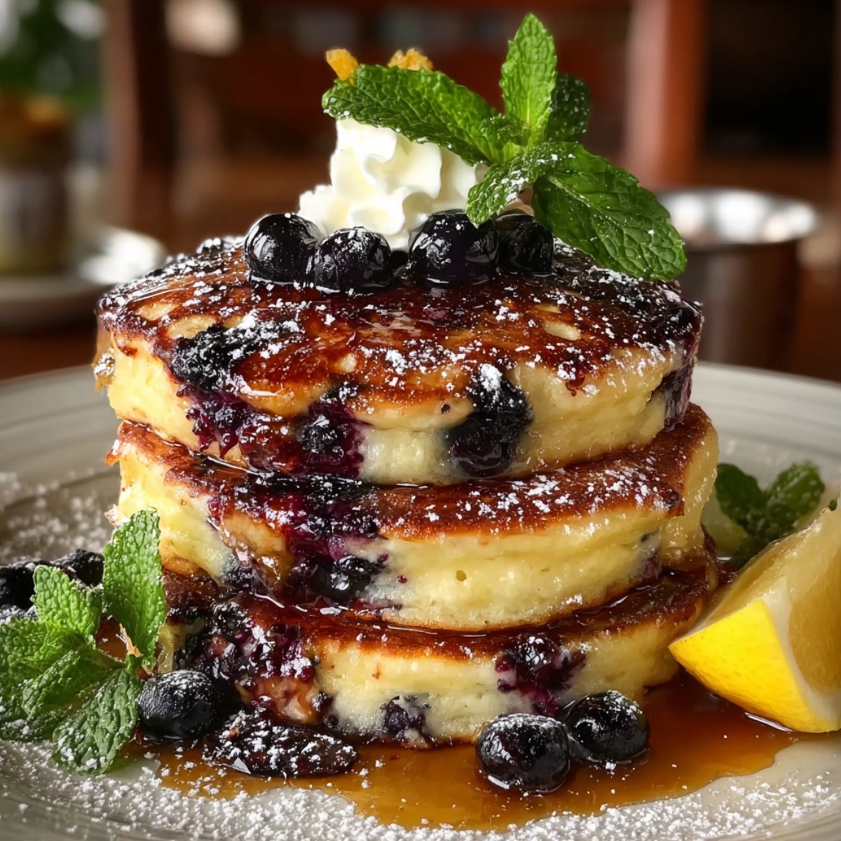 A stack of Brown Butter Blueberry Lemon Ricotta Pancakes loaded with fresh blueberries, drizzled with maple syrup, dusted with powdered sugar, and topped with whipped cream and fresh mint.
