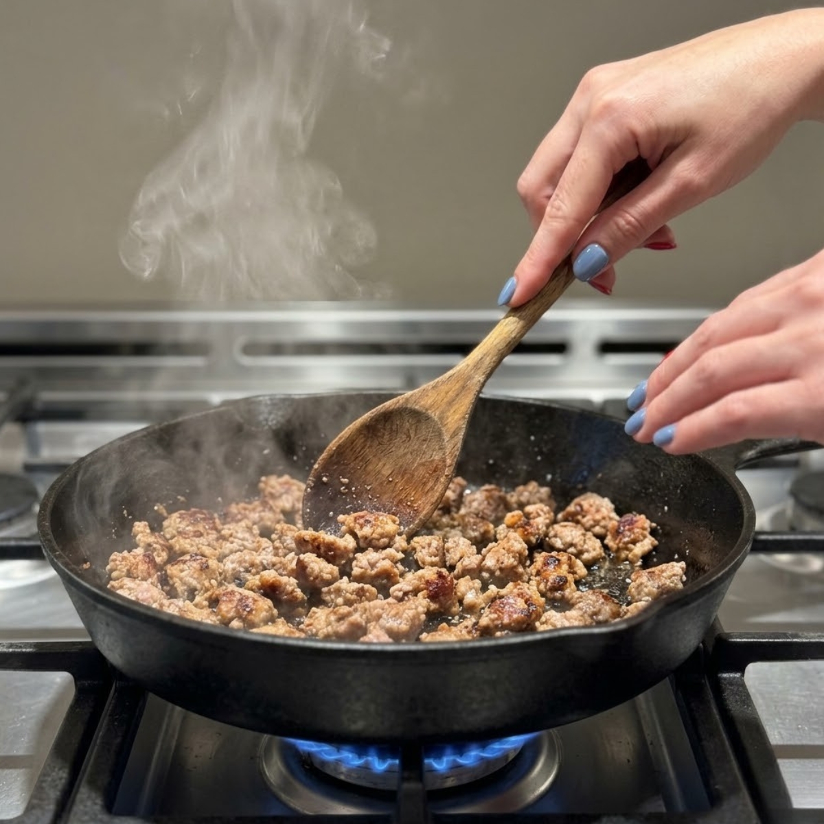 Browning Breakfast Sausage Skillet Alt Text: Close up view of a woman's hands with fog blue nails using a wooden spoon to break up and brown ground breakfast sausage in a hot skillet on a gas stovetop with aggressive steam.