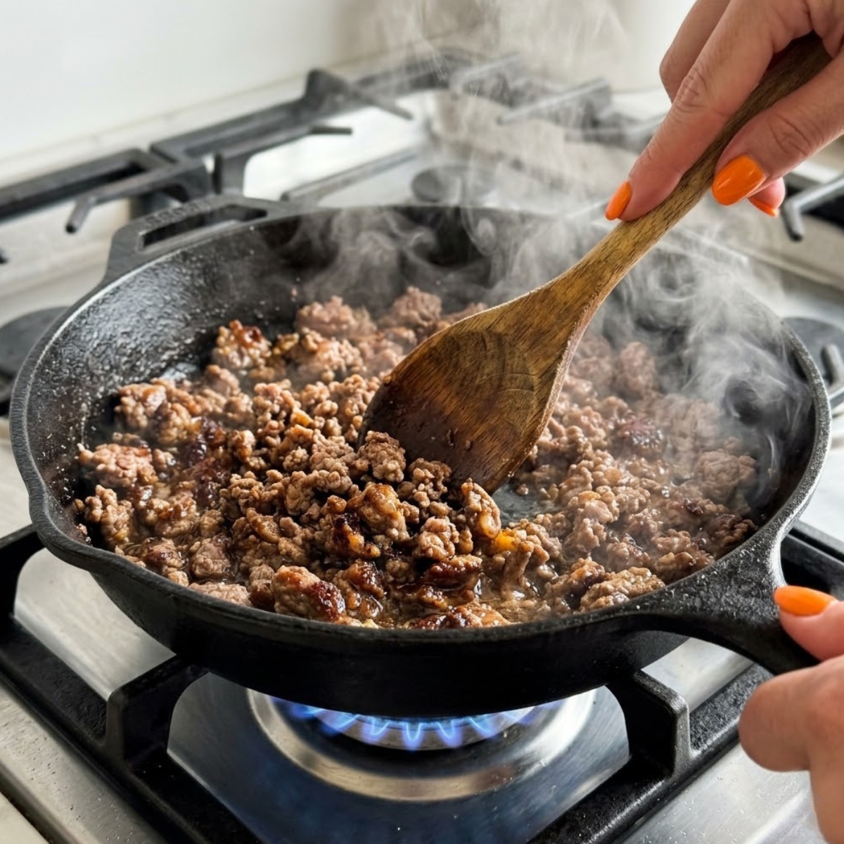 Tight zoom of hands with orange nails using a wooden spoon to sear ground beef crumbles in a hot cast iron pan over a gas flame.
