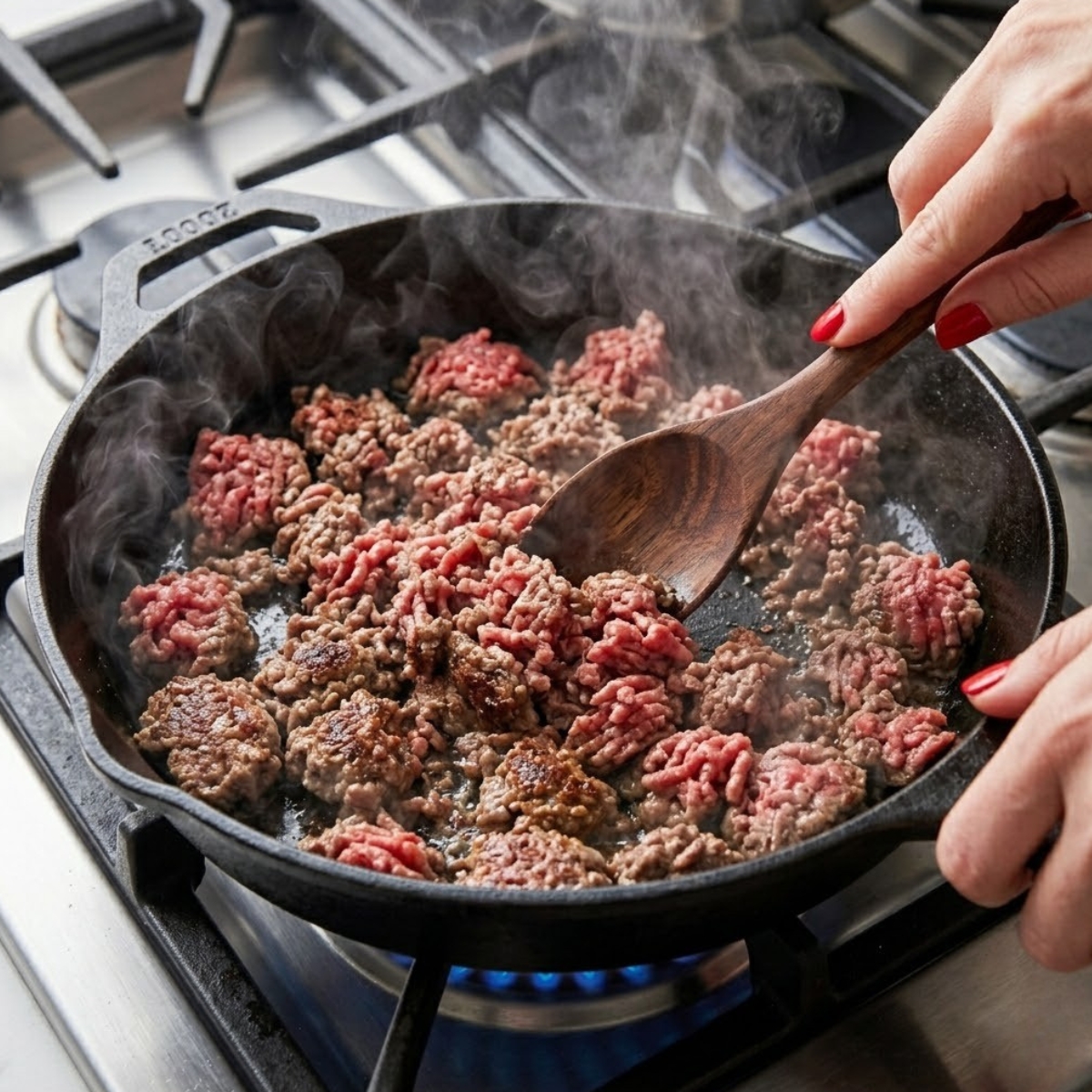Extreme close-up of hands with red nails browning ground beef in a skillet over a gas flame.