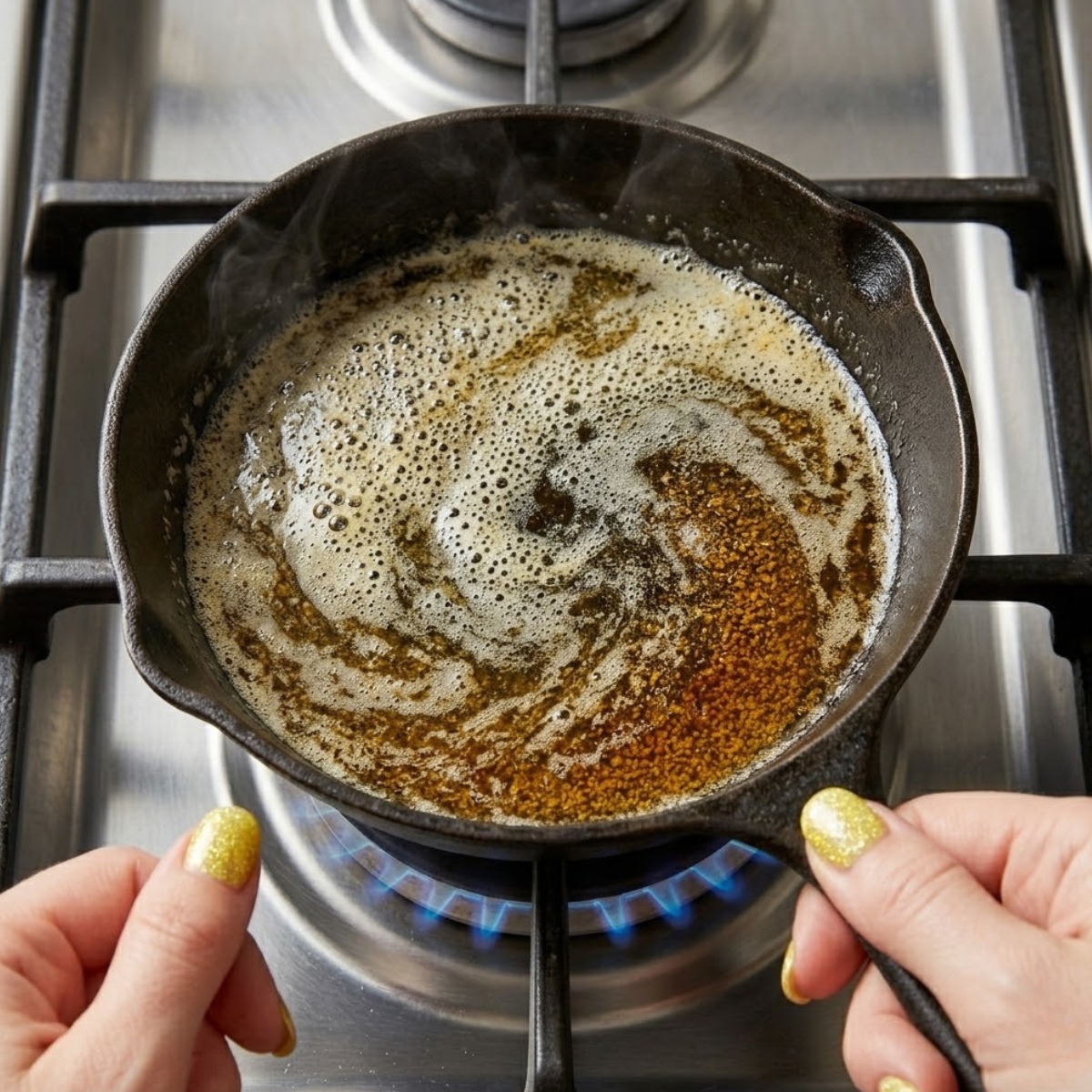 Extreme close-up of hands with yellow glitter nails swirling melting, foaming butter into an amber color in a pan over a gas flame.