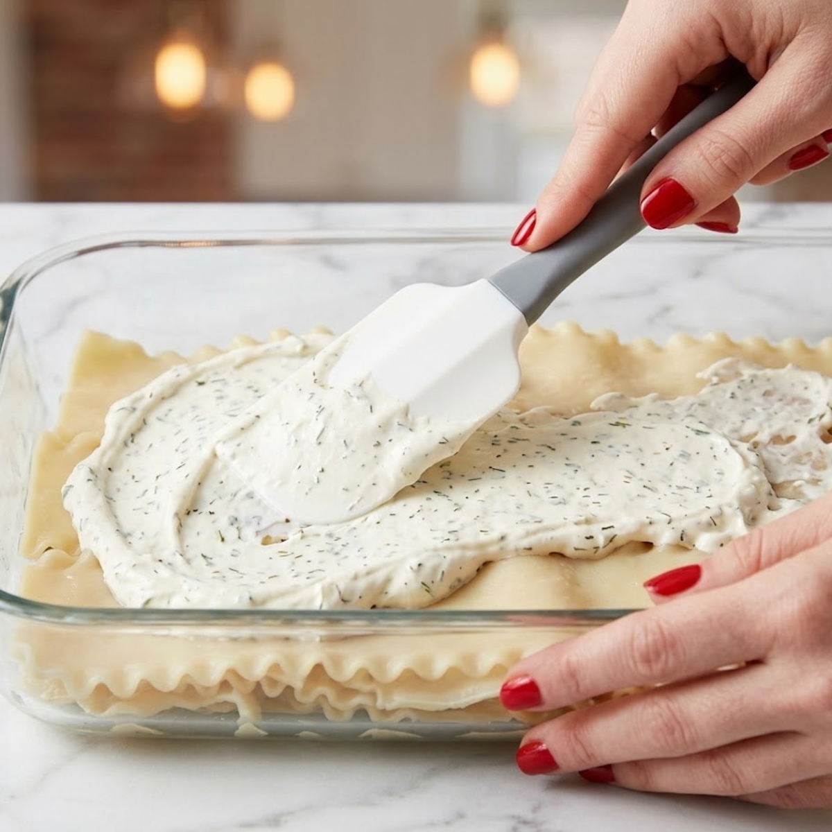 Extreme close up of a spatula spreading white ranch cream cheese over lasagna noodles in a glass dish
