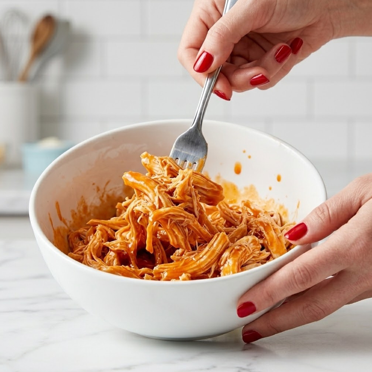 Close up of hands with red nails tossing shredded chicken in buffalo sauce in a white bowl on a marble counter