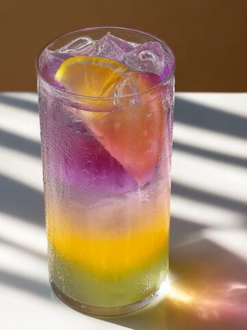 A tall condensation-covered clear glass filled with a stunning color-changing butterfly pea lemonade, showcasing a dramatic natural ombre gradient from bright golden yellow lemonade at the base transitioning through lavender to deep violet purple at the top, packed with ice and garnished with a lemon wedge, casting colorful light refractions on the white surface with dramatic striped shadows from natural sunlight against a warm tan background.