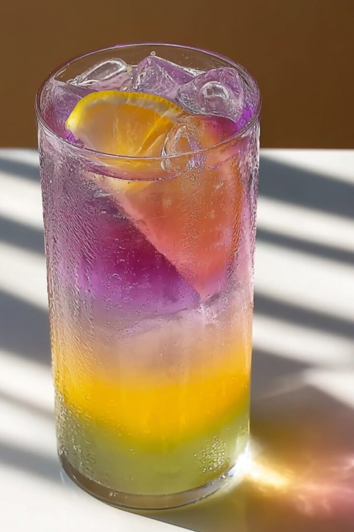 A tall condensation-covered clear glass filled with a stunning color-changing butterfly pea lemonade, showcasing a dramatic natural ombre gradient from bright golden yellow lemonade at the base transitioning through lavender to deep violet purple at the top, packed with ice and garnished with a lemon wedge, casting colorful light refractions on the white surface with dramatic striped shadows from natural sunlight against a warm tan background.