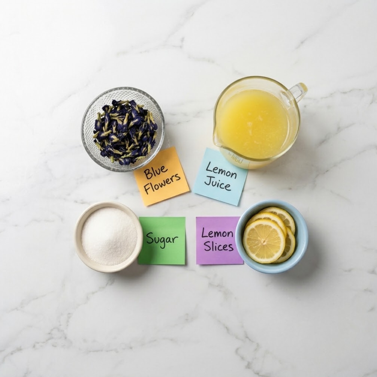 Flat lay of dried butterfly pea flowers, fresh lemon juice, sugar, and lemon wheels with handwritten labels on a marble counter.