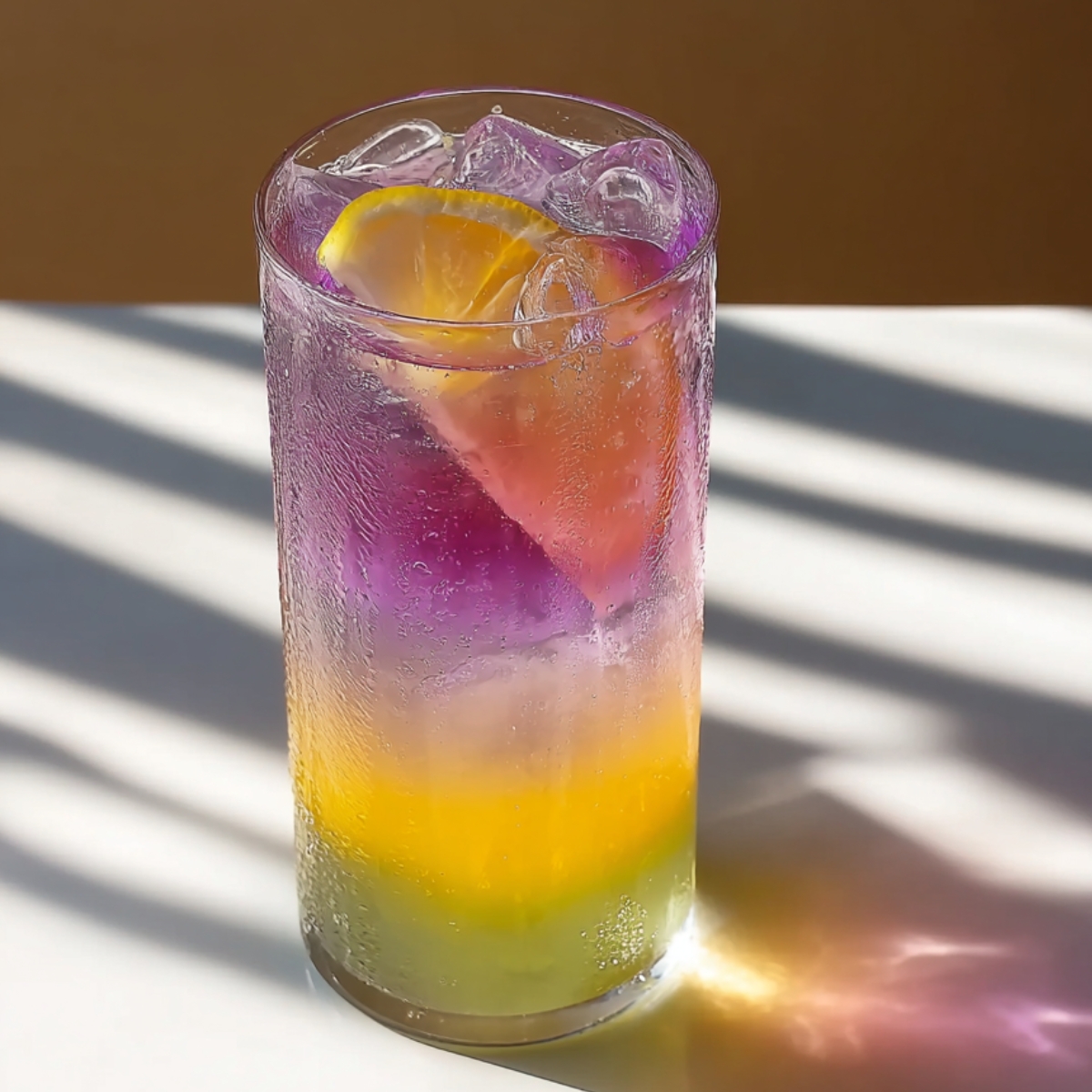 A tall condensation-covered clear glass filled with a stunning color-changing butterfly pea lemonade, showcasing a dramatic natural ombre gradient from bright golden yellow lemonade at the base transitioning through lavender to deep violet purple at the top, packed with ice and garnished with a lemon wedge, casting colorful light refractions on the white surface with dramatic striped shadows from natural sunlight against a warm tan background.