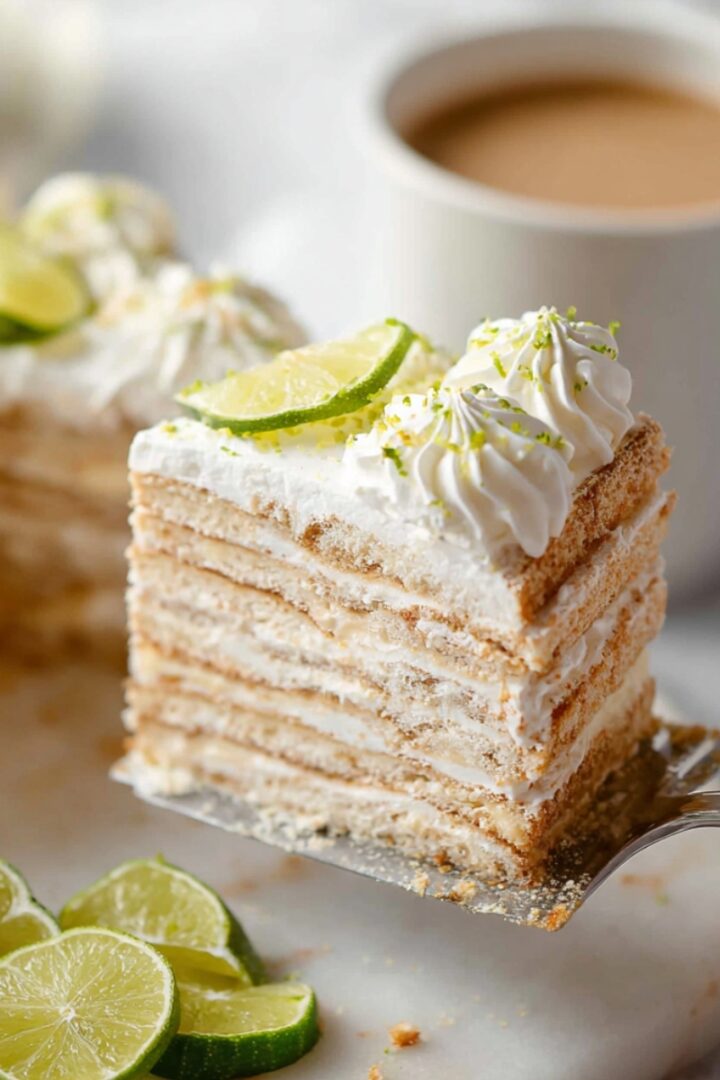 A slice of Carlota de Limón being lifted on a silver cake server, revealing beautiful distinct layers of golden Maria cookies alternating with creamy lime filling, topped with swirled whipped cream rosettes, lime zest, and a fresh lime wheel, with sliced limes scattered on a white marble surface, an additional slice and a cup of coffee softly blurred in the background.