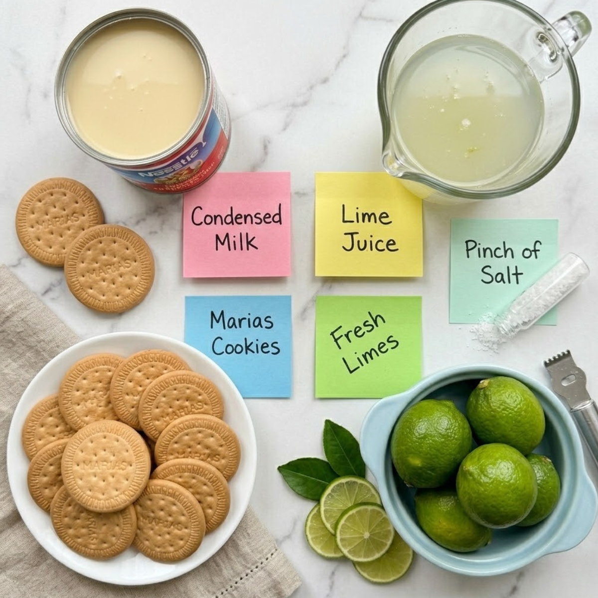 Flat lay of sweetened condensed milk, fresh lime juice, and Marias cookies with handwritten labels on a marble counter.