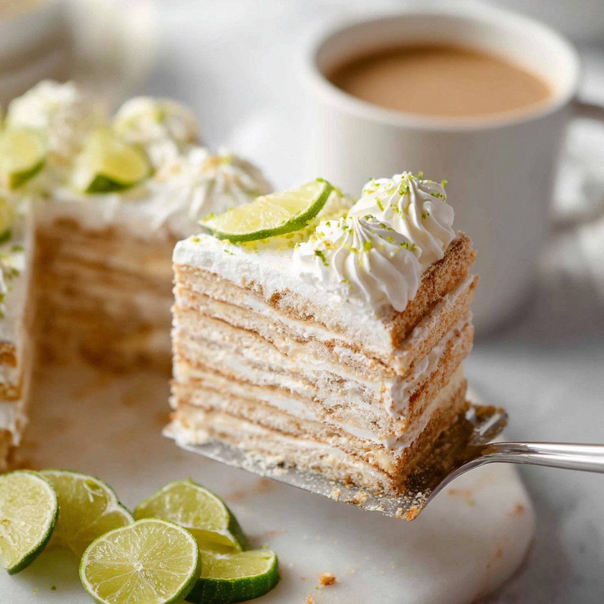 A slice of Carlota de Limón being lifted on a silver cake server, revealing beautiful distinct layers of golden Maria cookies alternating with creamy lime filling, topped with swirled whipped cream rosettes, lime zest, and a fresh lime wheel, with sliced limes scattered on a white marble surface, an additional slice and a cup of coffee softly blurred in the background.