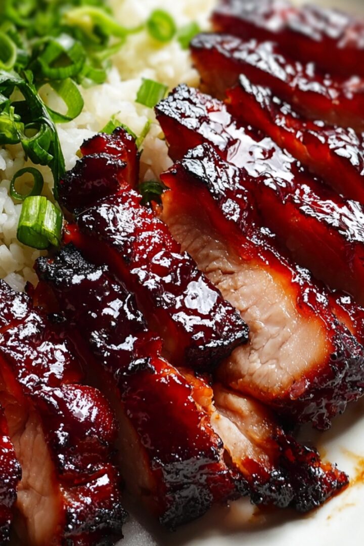 Close-up of thickly sliced char siu chicken with a deeply lacquered, glossy mahogany-red glaze and charred edges, fanned out over steamed white rice, revealing a juicy pale interior with a vivid red smoke ring beneath the caramelized crust, garnished with sliced green onions and fresh herbs on a white plate.