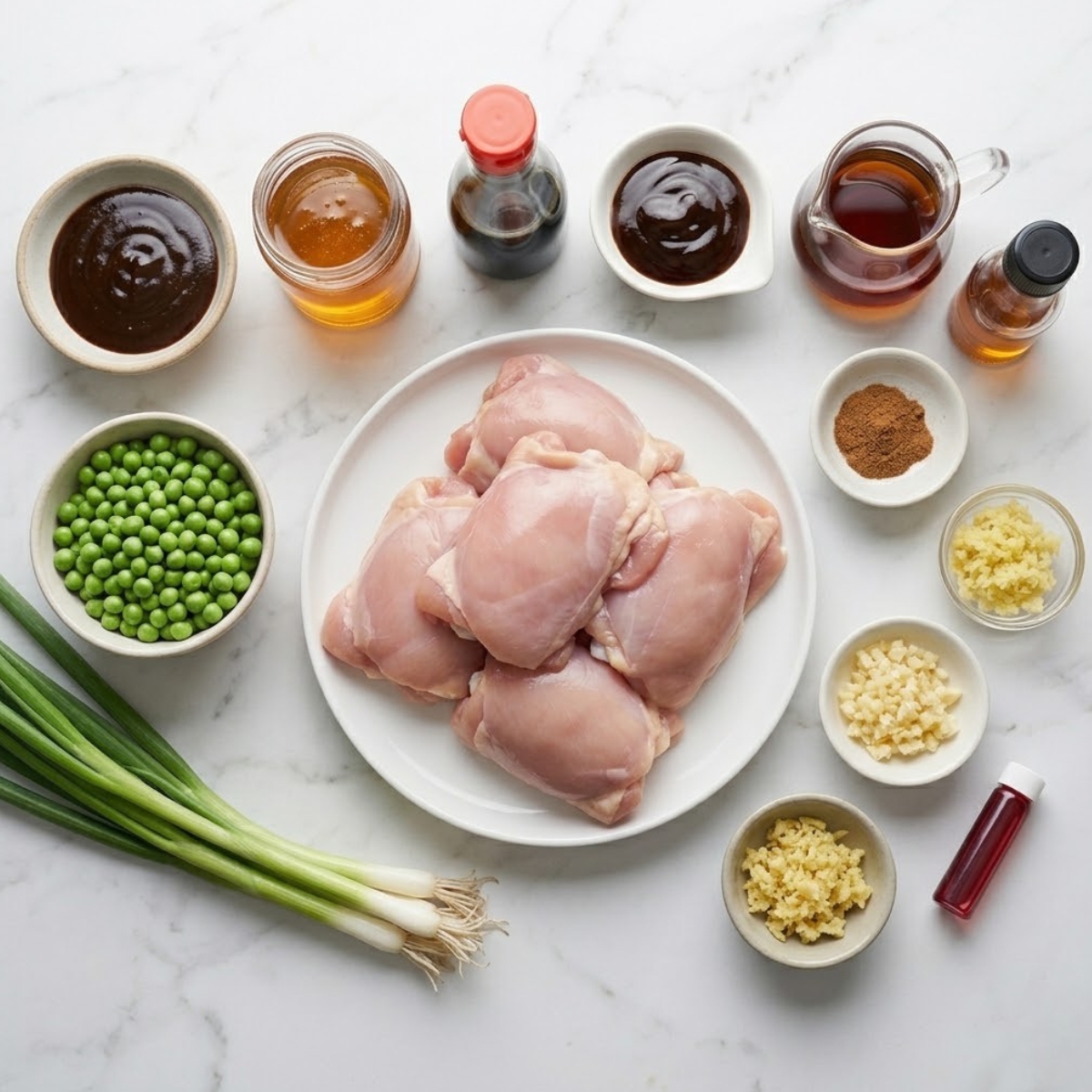 A neat, overhead flat-lay composition showing boneless skinless chicken thighs, hoisin sauce, honey, soy sauce, oyster sauce, Shaoxing rice wine, sesame oil, five-spice powder, minced garlic, grated ginger, red food coloring, and the green onion/pea garnish, all arranged on a grey kitchen counter surface under soft natural light, referencing the lighting of the finished dish image.