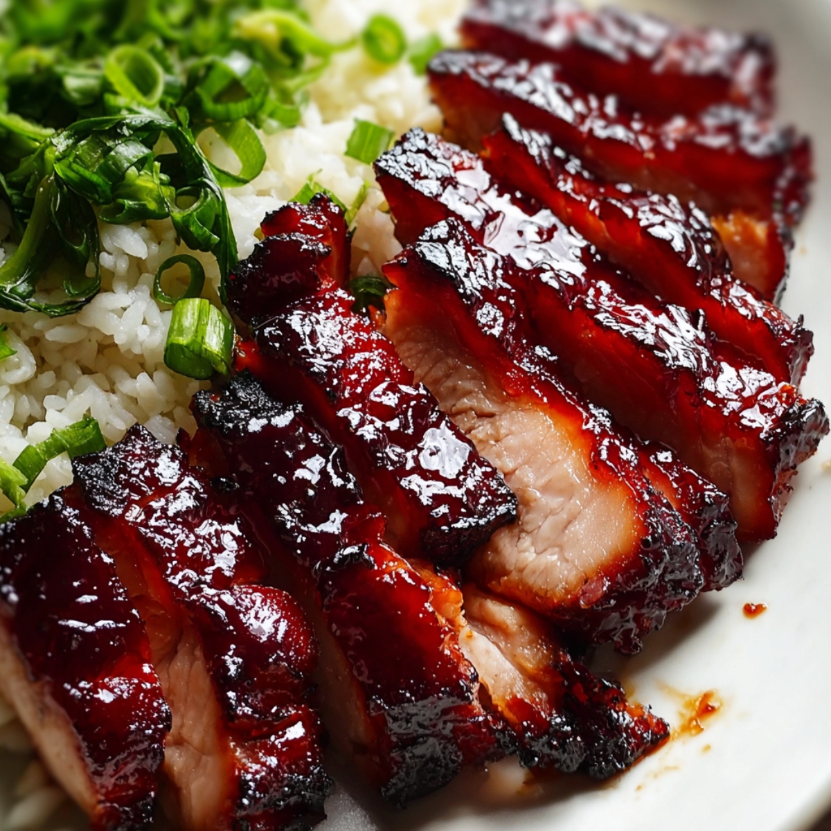 Close-up of thickly sliced char siu chicken with a deeply lacquered, glossy mahogany-red glaze and charred edges, fanned out over steamed white rice, revealing a juicy pale interior with a vivid red smoke ring beneath the caramelized crust, garnished with sliced green onions and fresh herbs on a white plate.