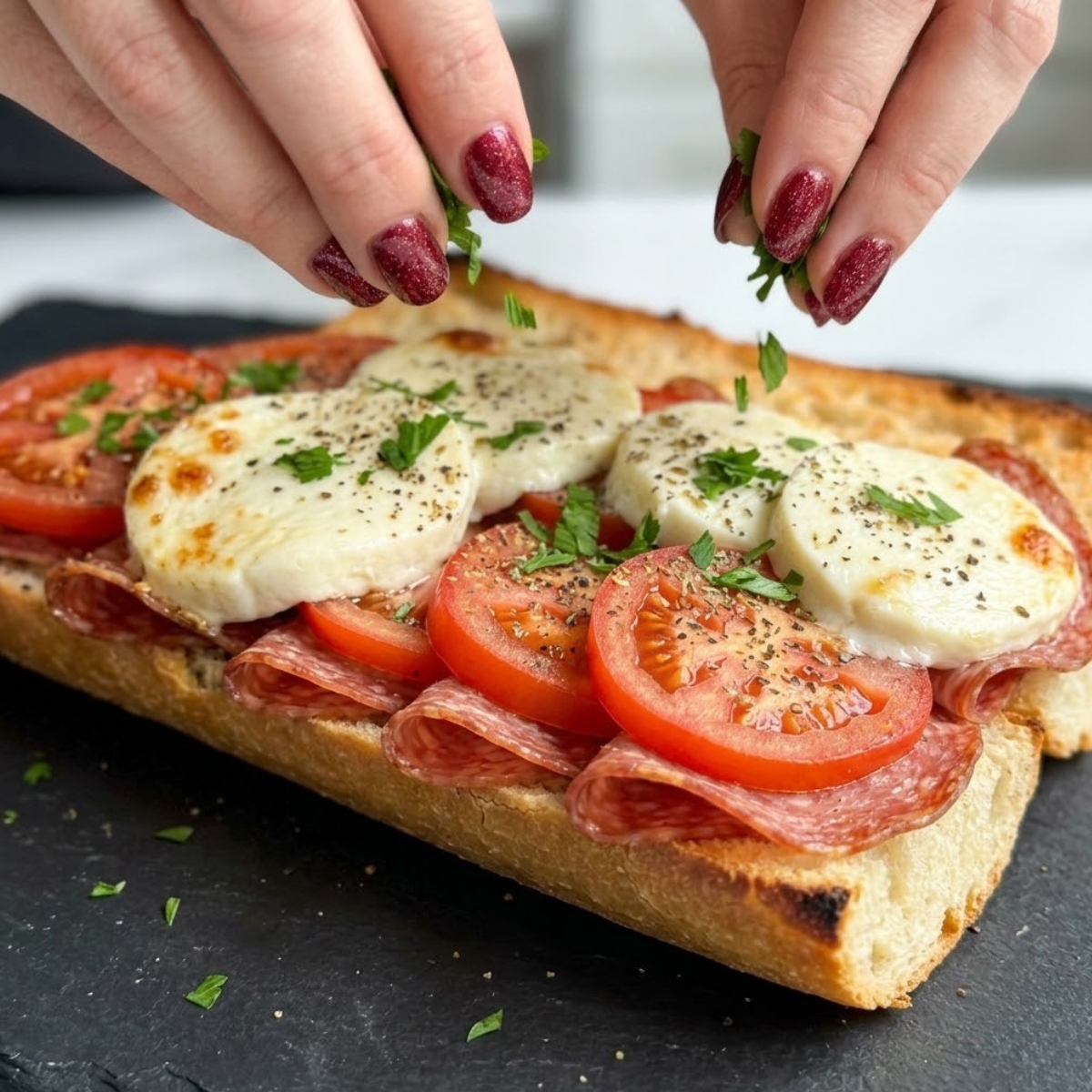 Extreme close-up of hands with red glitter nails garnishing a baked, cheesy open-faced Italian sub sandwich with fresh parsley.