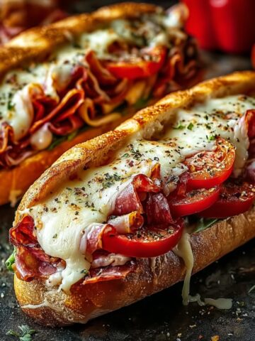 Two golden-toasted Italian sub sandwiches on a dark surface, overflowing with layers of curled salami and Italian meats, sliced tomatoes, and fresh greens, blanketed in bubbling melted mozzarella cheese seasoned with dried herbs and cracked black pepper, with a red bell pepper and cherry tomatoes softly blurred in the warm background.You said: Cheesy Baked Italian Sub Sandwiches