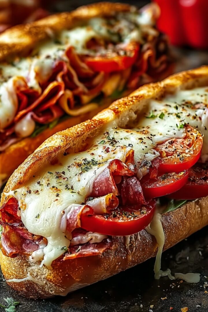 Two golden-toasted Italian sub sandwiches on a dark surface, overflowing with layers of curled salami and Italian meats, sliced tomatoes, and fresh greens, blanketed in bubbling melted mozzarella cheese seasoned with dried herbs and cracked black pepper, with a red bell pepper and cherry tomatoes softly blurred in the warm background.You said: Cheesy Baked Italian Sub Sandwiches