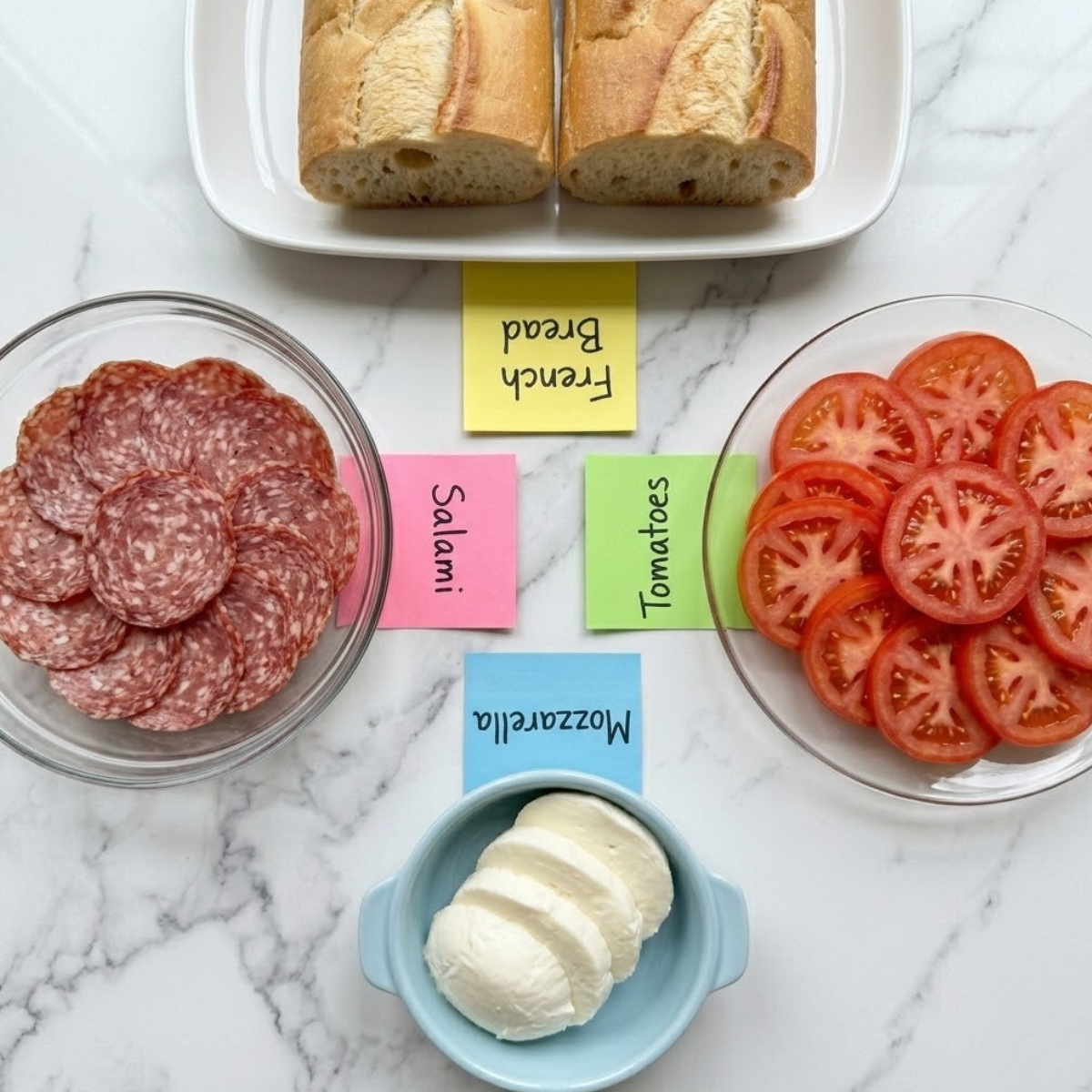 Flat lay of French bread, sliced salami, fresh tomatoes, and mozzarella rounds with handwritten labels on a marble counter.