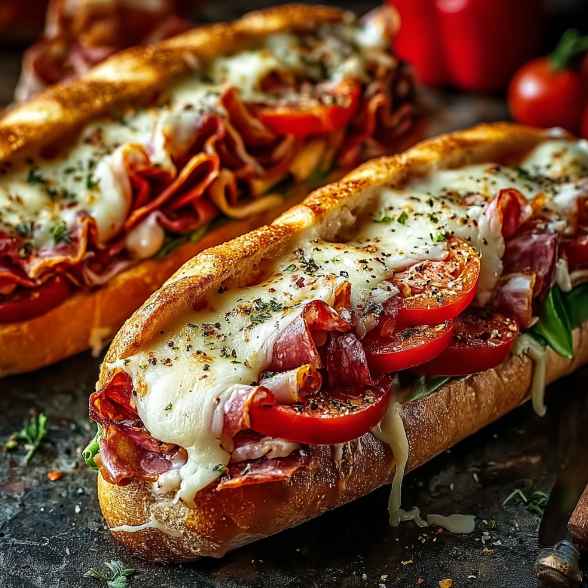 Two golden-toasted Italian sub sandwiches on a dark surface, overflowing with layers of curled salami and Italian meats, sliced tomatoes, and fresh greens, blanketed in bubbling melted mozzarella cheese seasoned with dried herbs and cracked black pepper, with a red bell pepper and cherry tomatoes softly blurred in the warm background.You said: Cheesy Baked Italian Sub Sandwiches